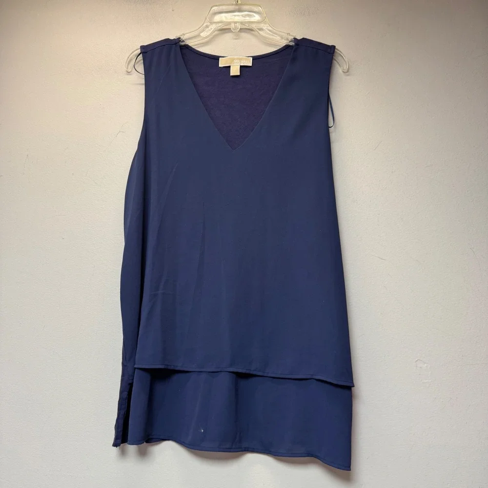 Michael Kors Sleeveless Top Women XL Navy Blue Excellent Layered High-Low V-Neck